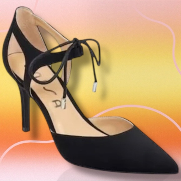 NWOT Unisa ‘Amabelle’ Black Vegan Suede Ankle Tie Stiletto Pumps Size 11 - Picture 1 of 13